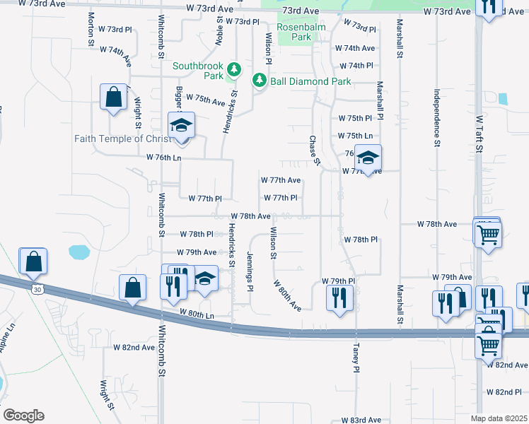 map of restaurants, bars, coffee shops, grocery stores, and more near 3428 West 78th Avenue in Merrillville