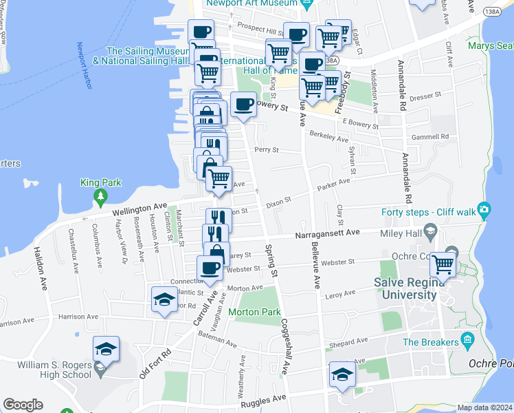 map of restaurants, bars, coffee shops, grocery stores, and more near 501 Spring Street in Newport