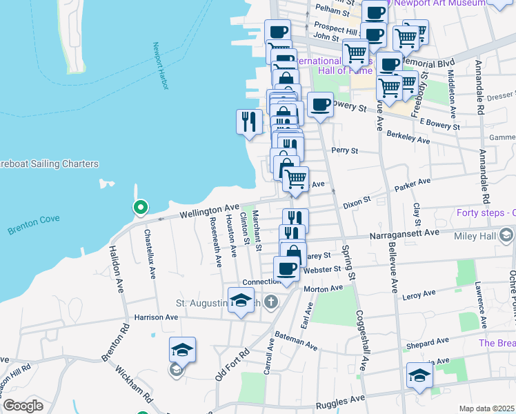 map of restaurants, bars, coffee shops, grocery stores, and more near 1 Marchant Street in Newport