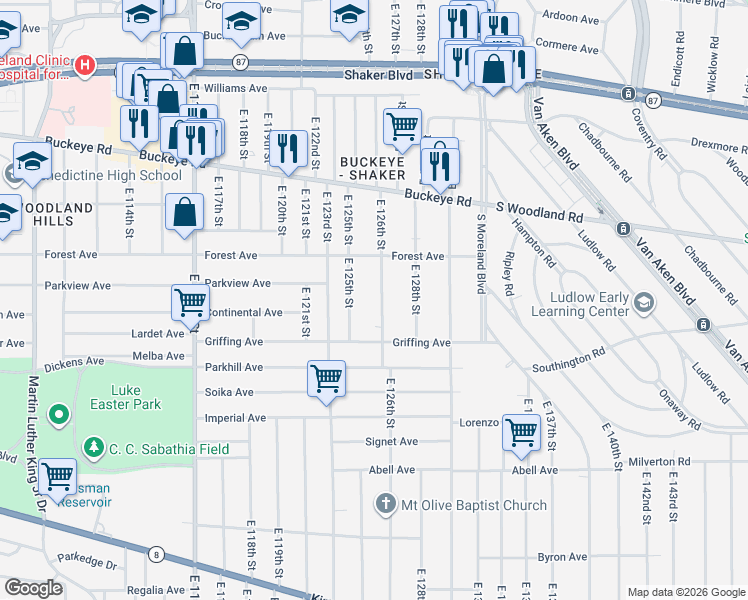 map of restaurants, bars, coffee shops, grocery stores, and more near 3026 East 126th Street in Cleveland