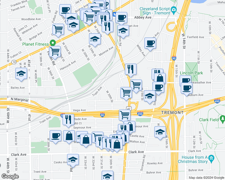 map of restaurants, bars, coffee shops, grocery stores, and more near 2809 Queen Avenue in Cleveland