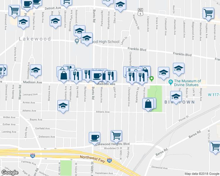 map of restaurants, bars, coffee shops, grocery stores, and more near 2012 Wyandotte Avenue in Lakewood