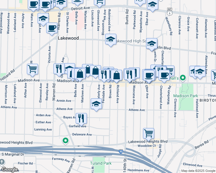 map of restaurants, bars, coffee shops, grocery stores, and more near 2014 Brown Road in Lakewood