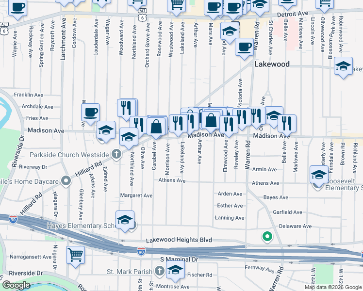 map of restaurants, bars, coffee shops, grocery stores, and more near 2021 Lakeland Avenue in Lakewood