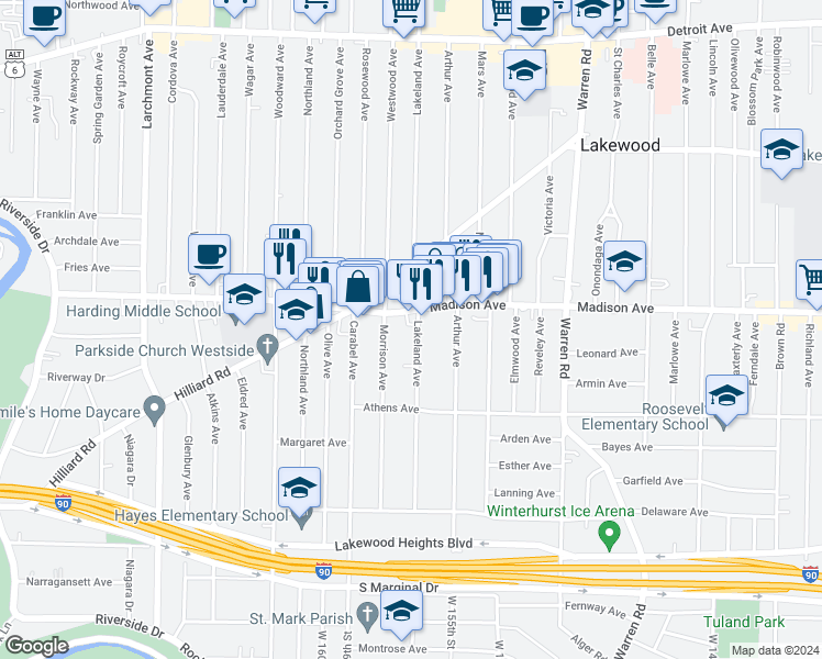 map of restaurants, bars, coffee shops, grocery stores, and more near 2015 Morrison Avenue in Lakewood