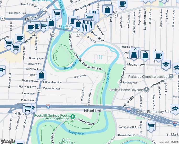 map of restaurants, bars, coffee shops, grocery stores, and more near 18500 Edgewood Drive in Rocky River