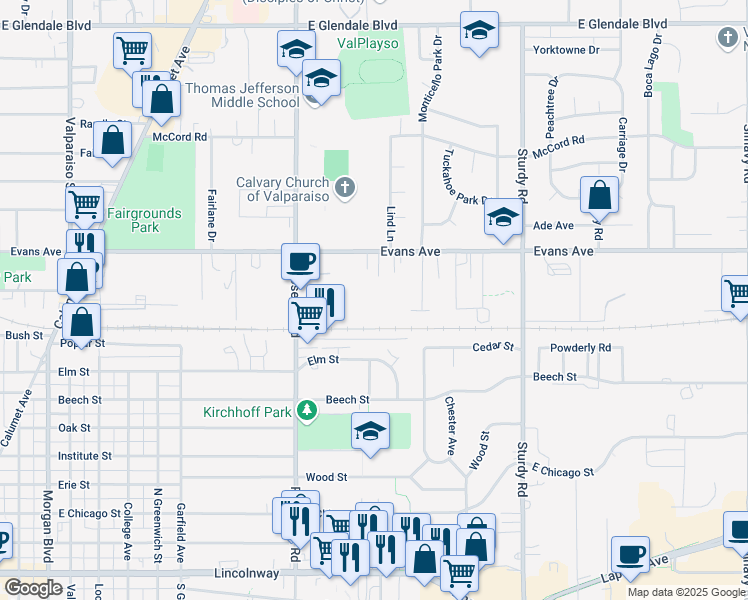 map of restaurants, bars, coffee shops, grocery stores, and more near 1001 Elizabeth Drive in Valparaiso