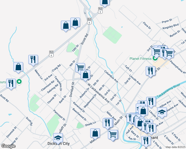 map of restaurants, bars, coffee shops, grocery stores, and more near 131 6th Street in Blakely