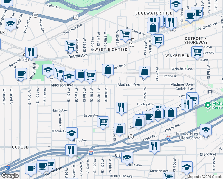 map of restaurants, bars, coffee shops, grocery stores, and more near 6 Conover Court in Cleveland