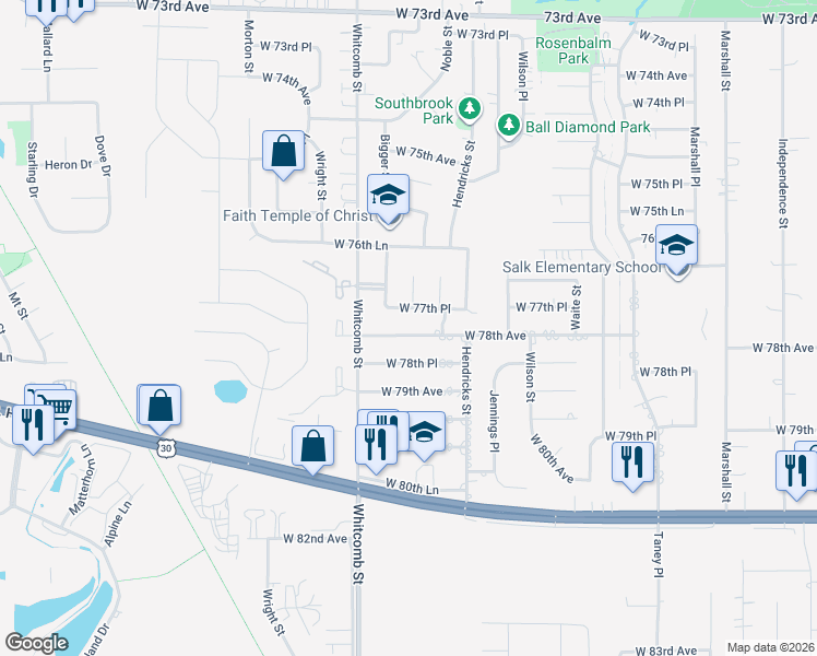 map of restaurants, bars, coffee shops, grocery stores, and more near 3706 West 78th Avenue in Merrillville