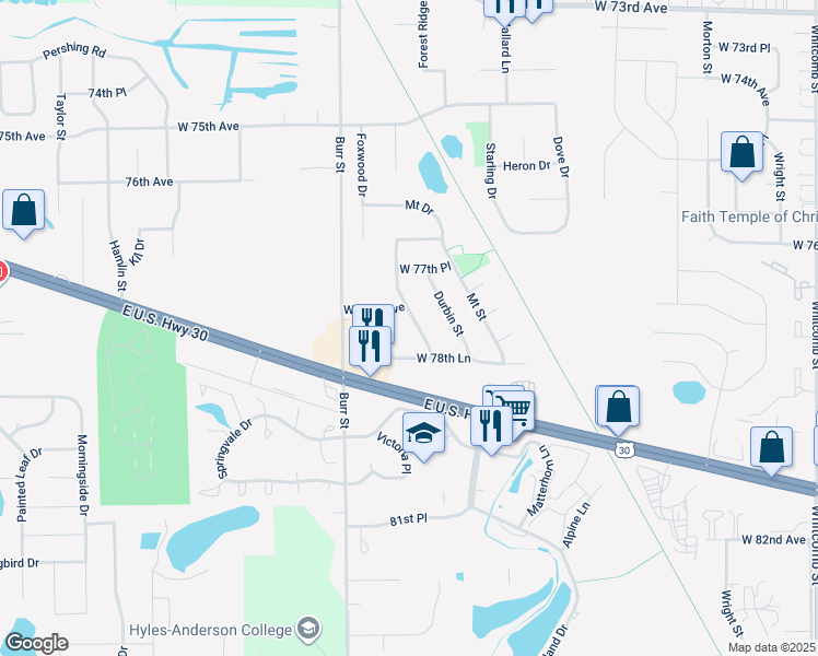 map of restaurants, bars, coffee shops, grocery stores, and more near 7830 Hanley Street in Schererville