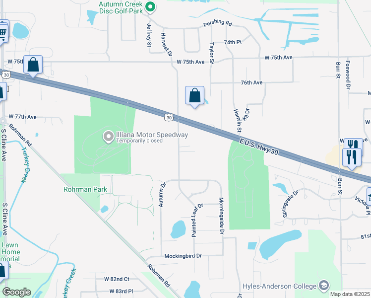map of restaurants, bars, coffee shops, grocery stores, and more near 1447 Woodview Drive in Crown Point