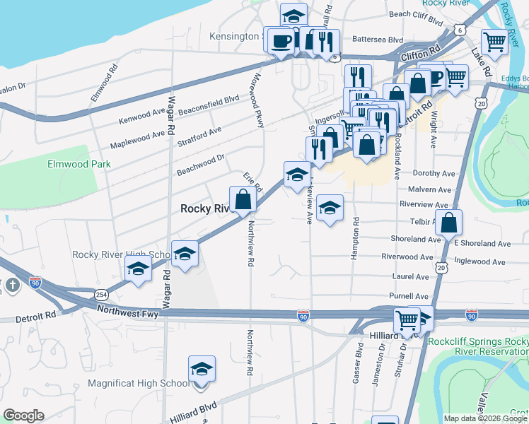 map of restaurants, bars, coffee shops, grocery stores, and more near 20333 Detroit Road in Rocky River
