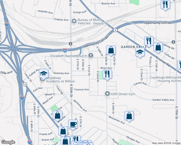 map of restaurants, bars, coffee shops, grocery stores, and more near 3009 East 61st Street in Cleveland