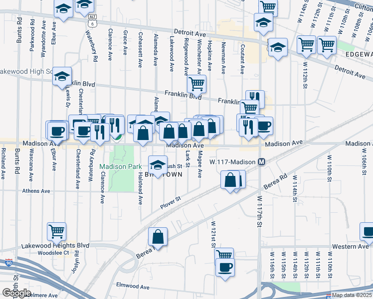 map of restaurants, bars, coffee shops, grocery stores, and more near in Lakewood