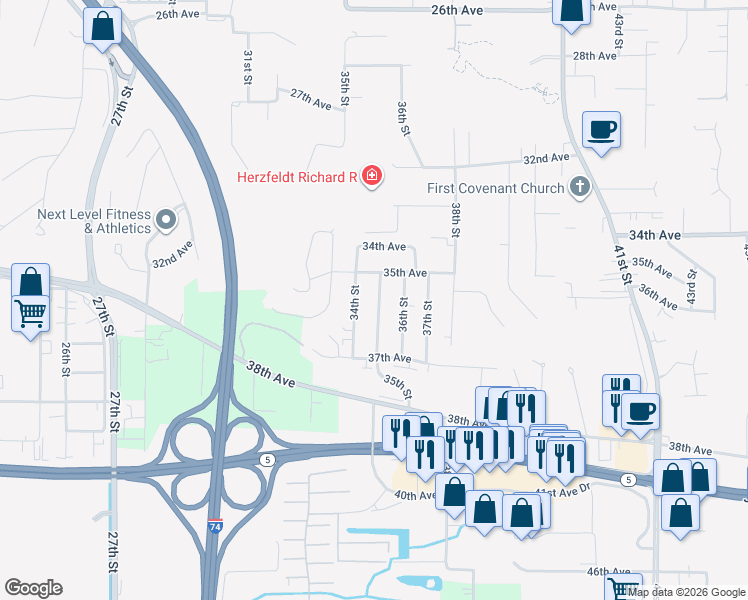 map of restaurants, bars, coffee shops, grocery stores, and more near 3519 35th Street in Moline