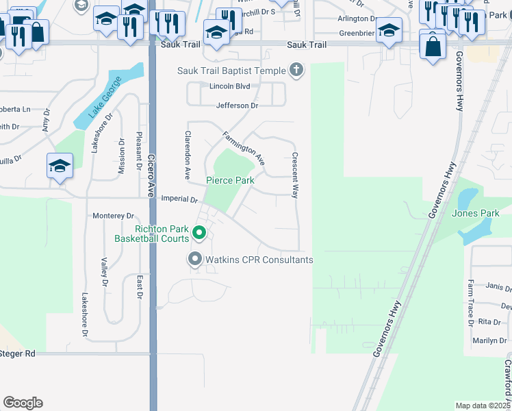 map of restaurants, bars, coffee shops, grocery stores, and more near 4436 Stacey Court in Richton Park