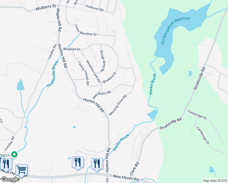 map of restaurants, bars, coffee shops, grocery stores, and more near 109 Red Robin Road in Naugatuck