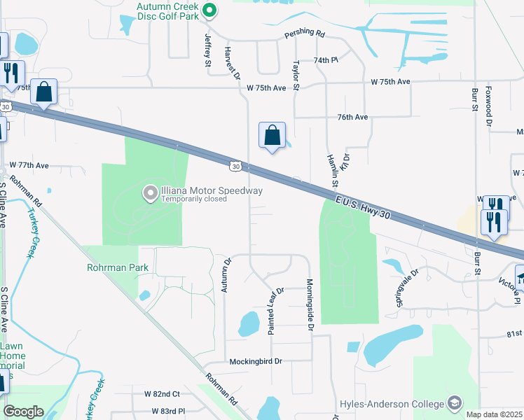 map of restaurants, bars, coffee shops, grocery stores, and more near 1444 Woodview Drive in Crown Point