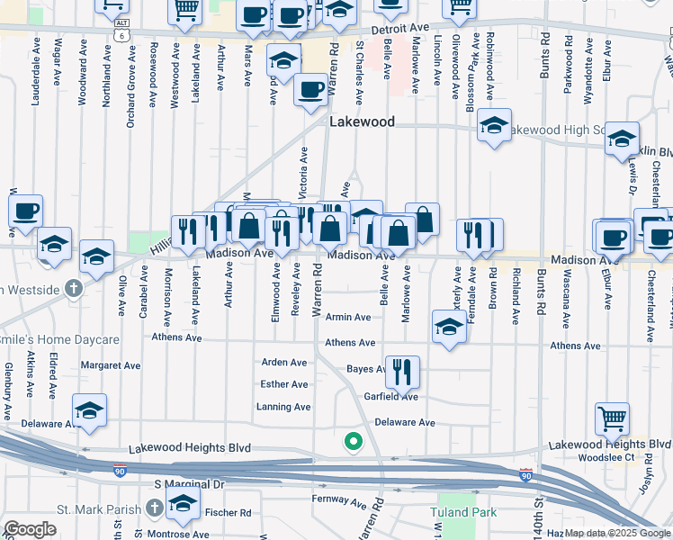 map of restaurants, bars, coffee shops, grocery stores, and more near 14609 Madison Avenue in Lakewood