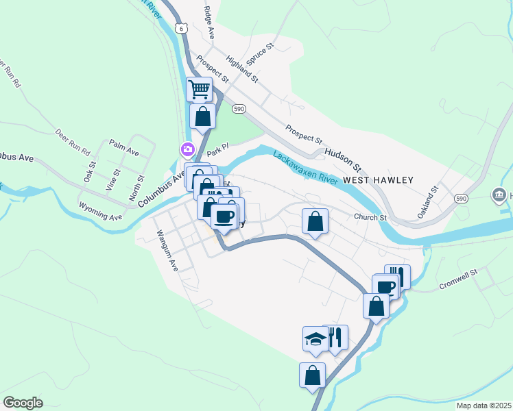 map of restaurants, bars, coffee shops, grocery stores, and more near 301-317 Bishop Avenue in Hawley