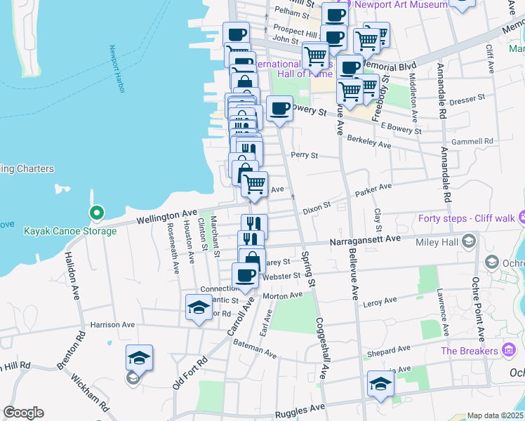 map of restaurants, bars, coffee shops, grocery stores, and more near 26 Dixon Street in Newport