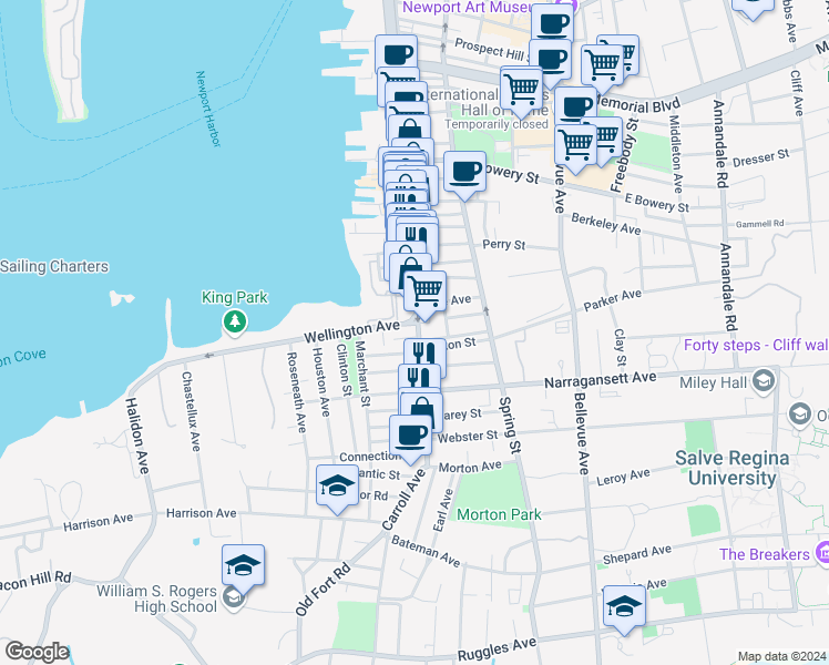 map of restaurants, bars, coffee shops, grocery stores, and more near 2 Sharon Court in Newport