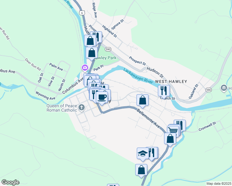 map of restaurants, bars, coffee shops, grocery stores, and more near 301-317 Bishop Avenue in Hawley