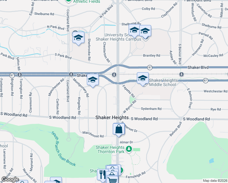 map of restaurants, bars, coffee shops, grocery stores, and more near 2910 Warrensville Center Road in Shaker Heights