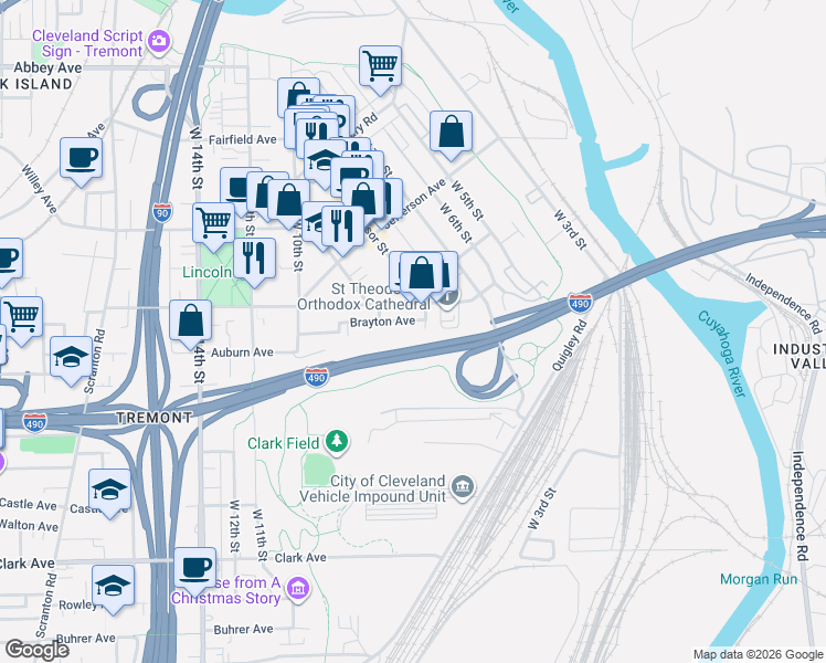 map of restaurants, bars, coffee shops, grocery stores, and more near 741 Brayton Avenue in Cleveland