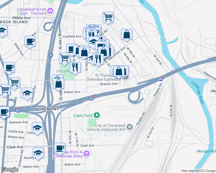map of restaurants, bars, coffee shops, grocery stores, and more near 781 Brayton Avenue in Cleveland