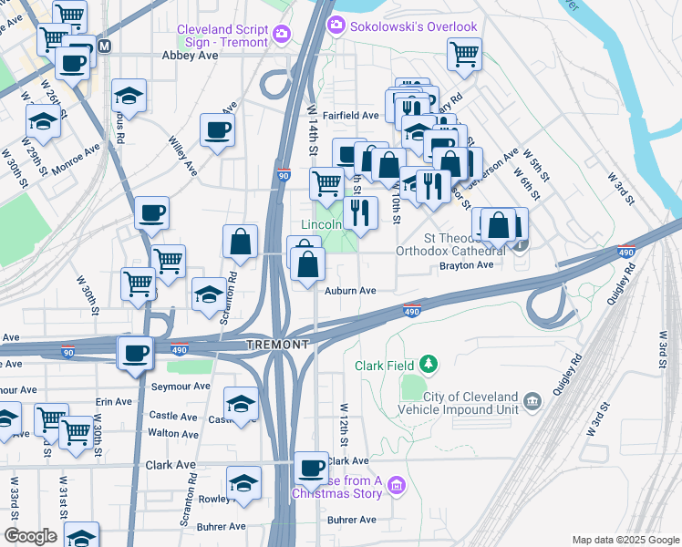 map of restaurants, bars, coffee shops, grocery stores, and more near 1200 Auburn Avenue in Cleveland