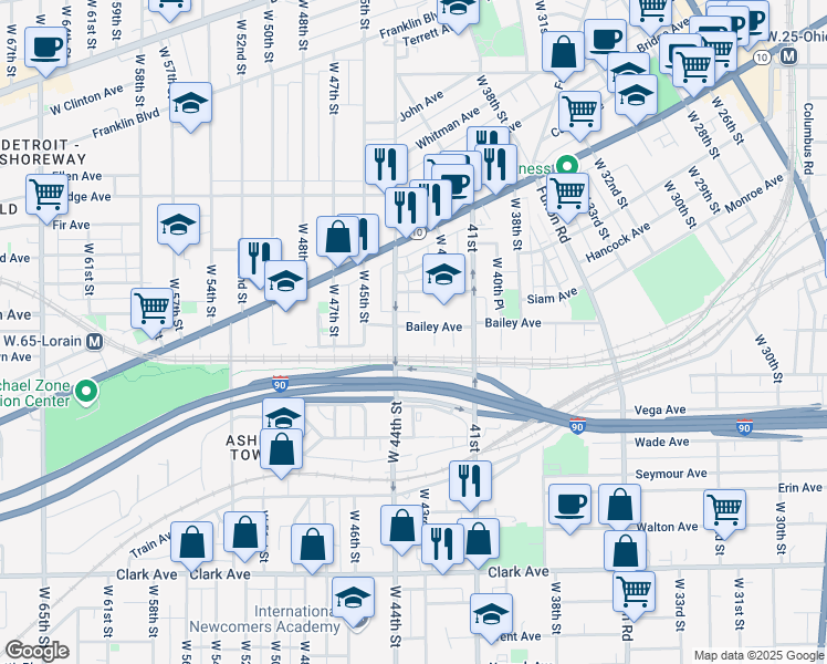 map of restaurants, bars, coffee shops, grocery stores, and more near 4209 Bailey Avenue in Cleveland