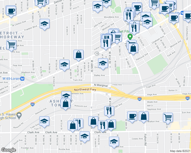 map of restaurants, bars, coffee shops, grocery stores, and more near 4209 Bailey Avenue in Cleveland