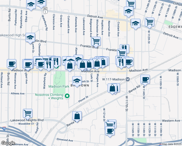 map of restaurants, bars, coffee shops, grocery stores, and more near in Lakewood