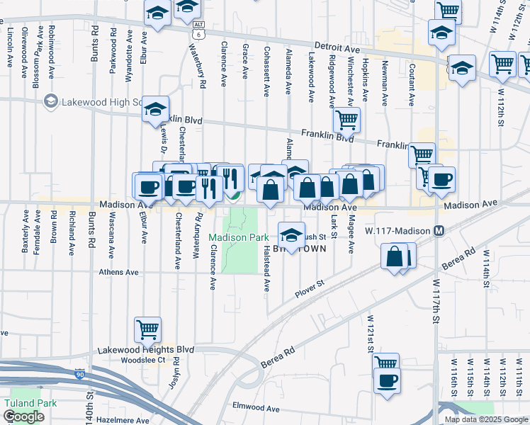 map of restaurants, bars, coffee shops, grocery stores, and more near 12903 Halstead Avenue in Lakewood