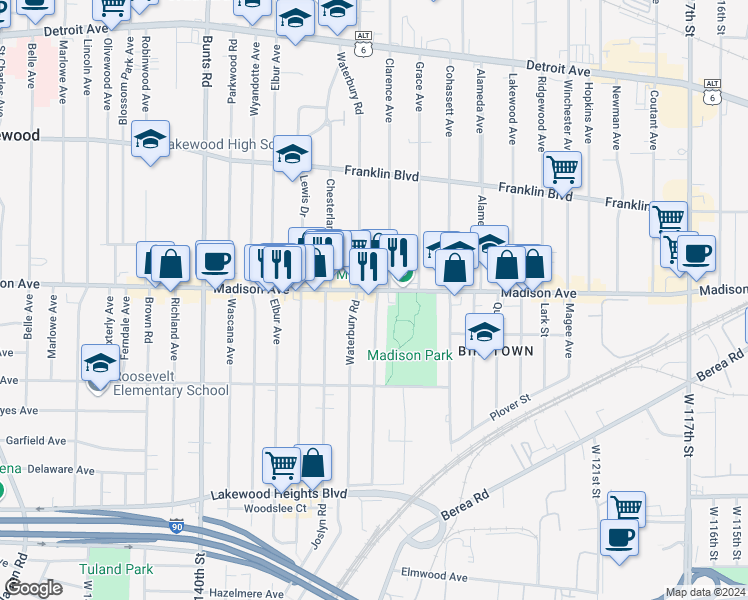 map of restaurants, bars, coffee shops, grocery stores, and more near 2013 Waterbury Road in Lakewood