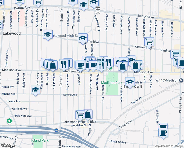 map of restaurants, bars, coffee shops, grocery stores, and more near 2012 Chesterland Avenue in Lakewood