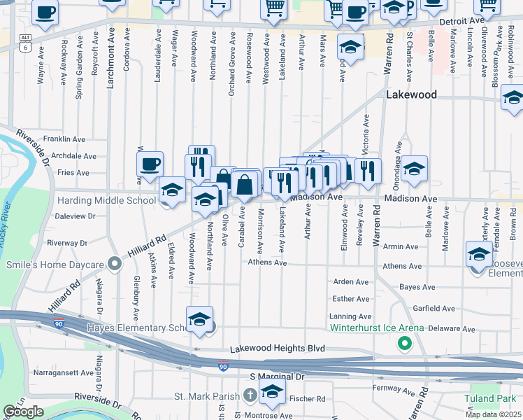 map of restaurants, bars, coffee shops, grocery stores, and more near 2015 Morrison Avenue in Lakewood
