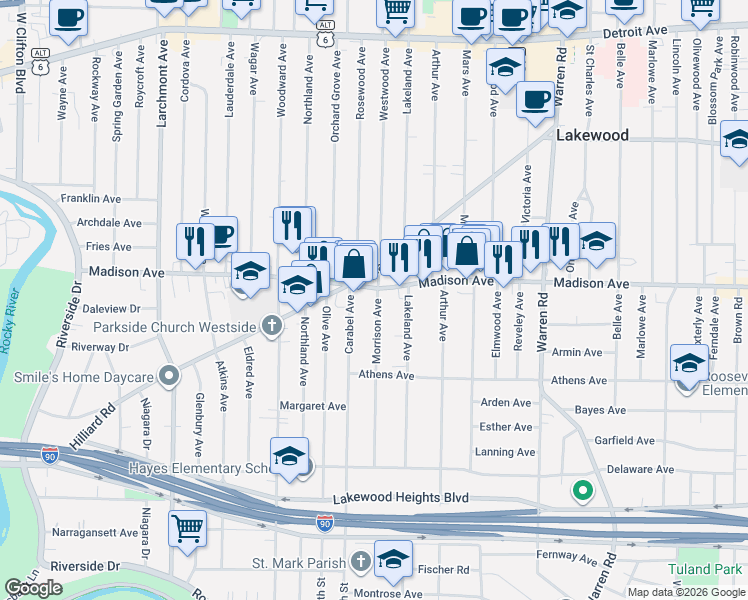 map of restaurants, bars, coffee shops, grocery stores, and more near 2015 Morrison Avenue in Lakewood