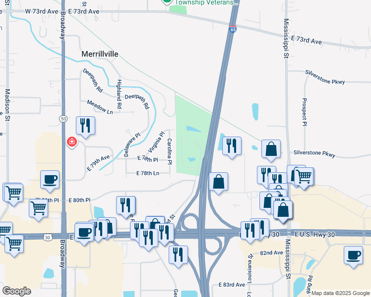 map of restaurants, bars, coffee shops, grocery stores, and more near 7850 Rhode Island St in Merrillville