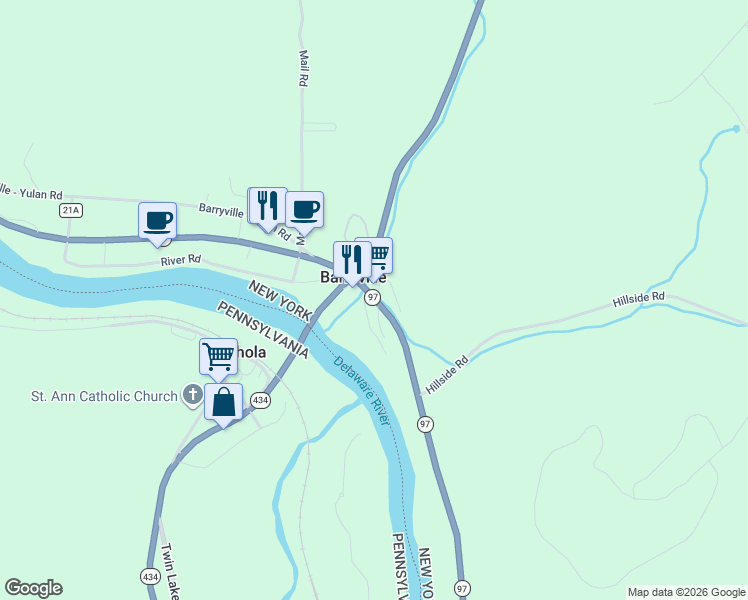 map of restaurants, bars, coffee shops, grocery stores, and more near 4 Tow Path Road in Barryville