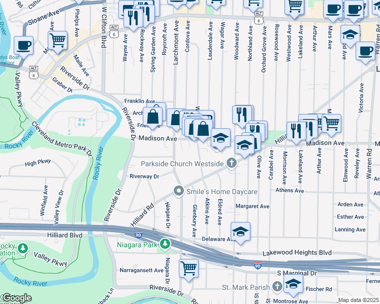 map of restaurants, bars, coffee shops, grocery stores, and more near 2026 Atkins Avenue in Lakewood