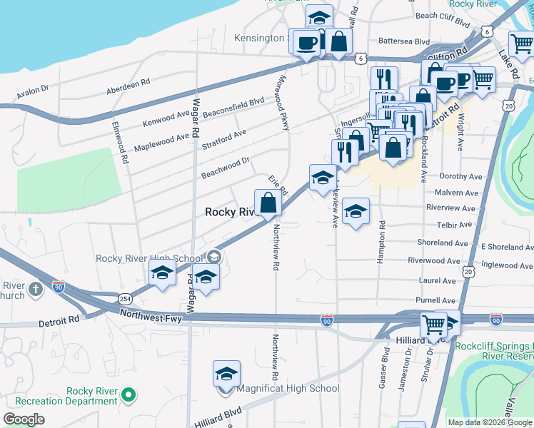 map of restaurants, bars, coffee shops, grocery stores, and more near in Rocky River