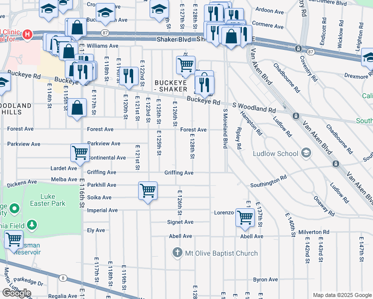 map of restaurants, bars, coffee shops, grocery stores, and more near 3018 East 128th Street in Cleveland