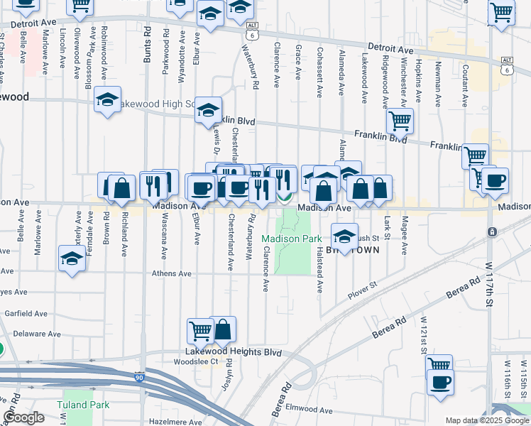 map of restaurants, bars, coffee shops, grocery stores, and more near 2013 Waterbury Road in Lakewood
