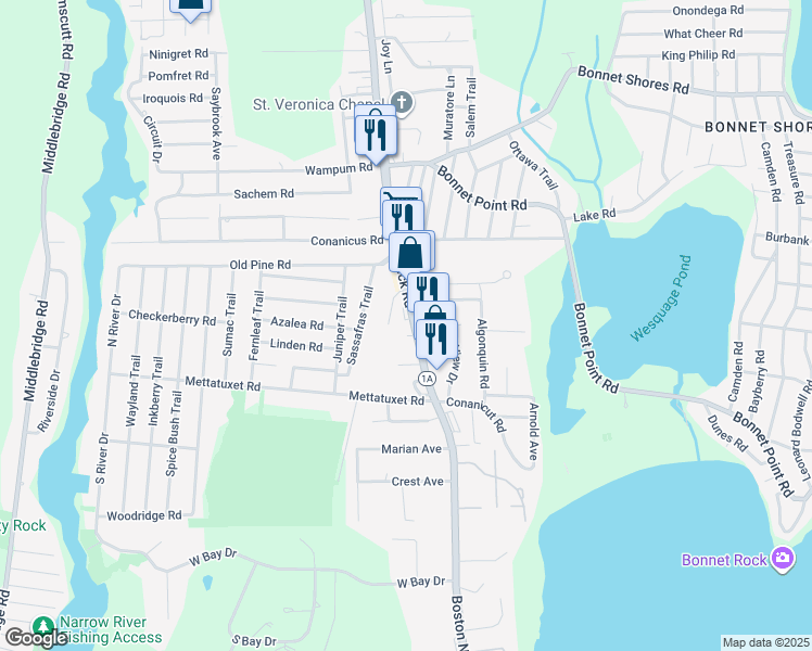 map of restaurants, bars, coffee shops, grocery stores, and more near 922 Boston Neck Road in Narragansett