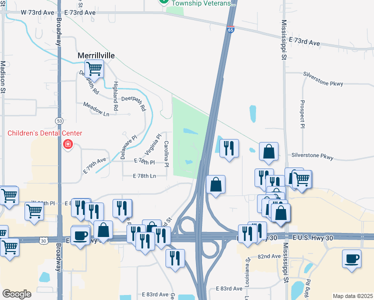 map of restaurants, bars, coffee shops, grocery stores, and more near 7850 Rhode Island Street in Merrillville