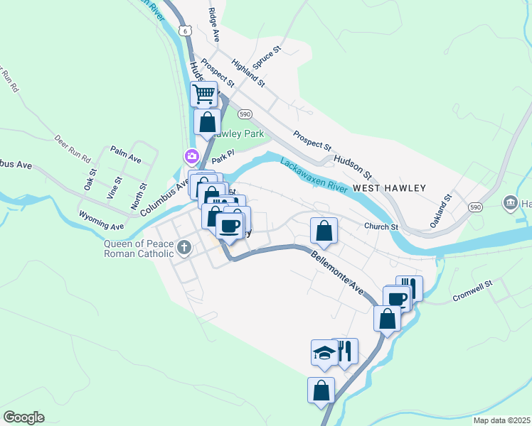 map of restaurants, bars, coffee shops, grocery stores, and more near 301 Bishop Avenue in Hawley
