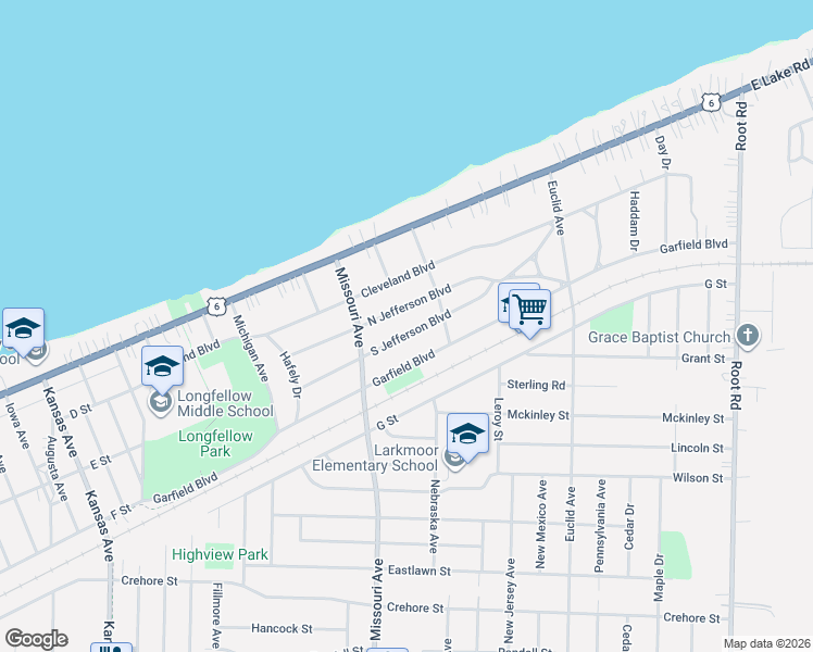 map of restaurants, bars, coffee shops, grocery stores, and more near 2550 South Jefferson Boulevard in Lorain